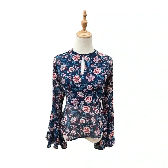 Odine Navy Blue Floral Print Long Sleeve Top Size S - Picture 1 of 7